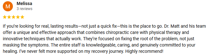 5-Star Review From Melissa Praising Back to Health Chiropractic's Knee Pain Care