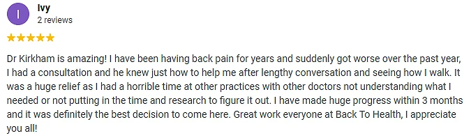 Google Testimonial Review From Ivy Giving a Glowing Review about Dr Kirkham